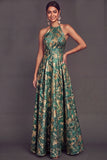 Green Jacquard Halter A-Line Long Wedding Guest Dress