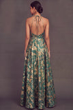 Green Jacquard Halter A-Line Long Wedding Guest Dress