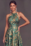 Green Jacquard Halter A-Line Long Wedding Guest Dress