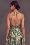 Green Jacquard Halter A-Line Long Wedding Guest Dress