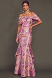 Pink Floral Jacquard Ruffled Off the Shoulder Mermaid Long Wedding Guest Dress