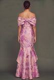 Pink Floral Jacquard Ruffled Off the Shoulder Mermaid Long Wedding Guest Dress