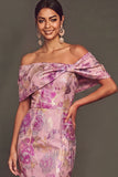 Pink Floral Jacquard Ruffled Off the Shoulder Mermaid Long Wedding Guest Dress