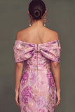 Pink Floral Jacquard Ruffled Off the Shoulder Mermaid Long Wedding Guest Dress