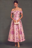 Floral Pink Jacquard Off the Shoulder A-Line Long Wedding Guest Dress