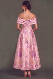 Floral Pink Jacquard Off the Shoulder A-Line Long Wedding Guest Dress