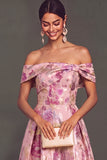 Floral Pink Jacquard Off the Shoulder A-Line Long Wedding Guest Dress