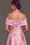Floral Pink Jacquard Off the Shoulder A-Line Long Wedding Guest Dress