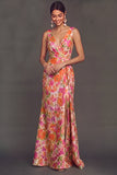 Floral Pink Jacquard Thick Straps Mermaid Long Wedding Guest Dress