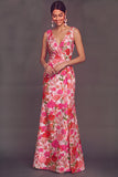 Floral Pink Jacquard Thick Straps Mermaid Long Wedding Guest Dress