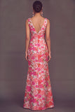 Floral Pink Jacquard Thick Straps Mermaid Long Wedding Guest Dress