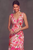 Floral Pink Jacquard Thick Straps Mermaid Long Wedding Guest Dress