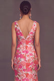 Floral Pink Jacquard Thick Straps Mermaid Long Wedding Guest Dress