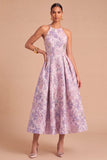 Purple Floral Jacquard A-Line Midi Criss Cross Wedding Guest Dress
