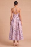 Purple Floral Jacquard A-Line Midi Criss Cross Wedding Guest Dress