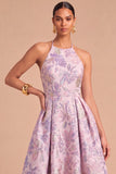 Purple Floral Jacquard A-Line Midi Criss Cross Wedding Guest Dress