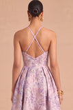 Purple Floral Jacquard A-Line Midi Criss Cross Wedding Guest Dress