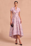 Purple Jacquard Floral A-Line V-Neck Midi Ruched Wedding Guest Dress