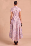 Purple Jacquard Floral A-Line V-Neck Midi Ruched Wedding Guest Dress