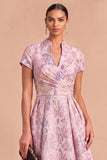 Purple Jacquard Floral A-Line V-Neck Midi Ruched Wedding Guest Dress