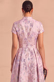 Purple Jacquard Floral A-Line V-Neck Midi Ruched Wedding Guest Dress
