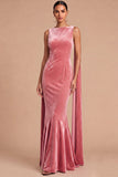 Pink Boat Neck Mermaid Backless Long Wedding Guest Dress with Cape