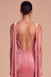 Pink Boat Neck Mermaid Backless Long Wedding Guest Dress with Cape