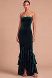 Dark Green Strapless Tiered Mermaid Long Wedding Guest Dress with Ruffles