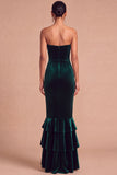 Dark Green Strapless Tiered Mermaid Long Wedding Guest Dress with Ruffles