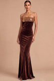 Brown Strapless Ruched Mermaid Long Wedding Guest Dress