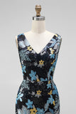 Spark Sequins Black Floral V-Neck Mermaid Midi Wedding Guest Dress with Slit
