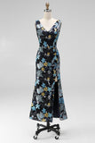 Spark Sequins Black Floral V-Neck Mermaid Midi Wedding Guest Dress with Slit