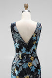 Spark Sequins Black Floral V-Neck Mermaid Midi Wedding Guest Dress with Slit