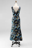 Spark Sequins Black Floral V-Neck Mermaid Midi Wedding Guest Dress with Slit