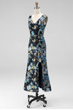 Spark Sequins Black Floral V-Neck Mermaid Midi Wedding Guest Dress with Slit