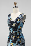 Spark Sequins Black Floral V-Neck Mermaid Midi Wedding Guest Dress with Slit