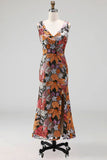 Spark Sequins Black Floral V-Neck Mermaid Midi Wedding Guest Dress with Slit