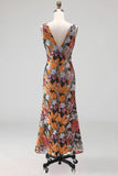 Spark Sequins Black Floral V-Neck Mermaid Midi Wedding Guest Dress with Slit
