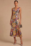 Spark Sequins Black Floral V-Neck Mermaid Midi Wedding Guest Dress with Slit
