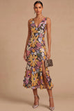 Spark Sequins Black Floral V-Neck Mermaid Midi Wedding Guest Dress with Slit