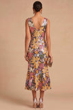 Spark Sequins Black Floral V-Neck Mermaid Midi Wedding Guest Dress with Slit