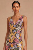 Spark Sequins Black Floral V-Neck Mermaid Midi Wedding Guest Dress with Slit