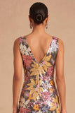 Spark Sequins Black Floral V-Neck Mermaid Midi Wedding Guest Dress with Slit