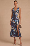 Spark Sequins Black Floral V-Neck Mermaid Midi Wedding Guest Dress with Slit