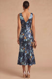 Spark Sequins Black Floral V-Neck Mermaid Midi Wedding Guest Dress with Slit
