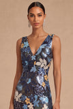 Spark Sequins Black Floral V-Neck Mermaid Midi Wedding Guest Dress with Slit