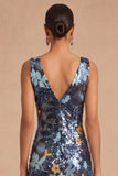 Spark Sequins Black Floral V-Neck Mermaid Midi Wedding Guest Dress with Slit