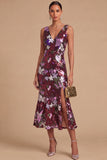 Spark Sequins Black Floral V-Neck Mermaid Midi Wedding Guest Dress with Slit