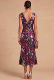 Spark Sequins Black Floral V-Neck Mermaid Midi Wedding Guest Dress with Slit
