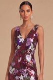 Spark Sequins Black Floral V-Neck Mermaid Midi Wedding Guest Dress with Slit